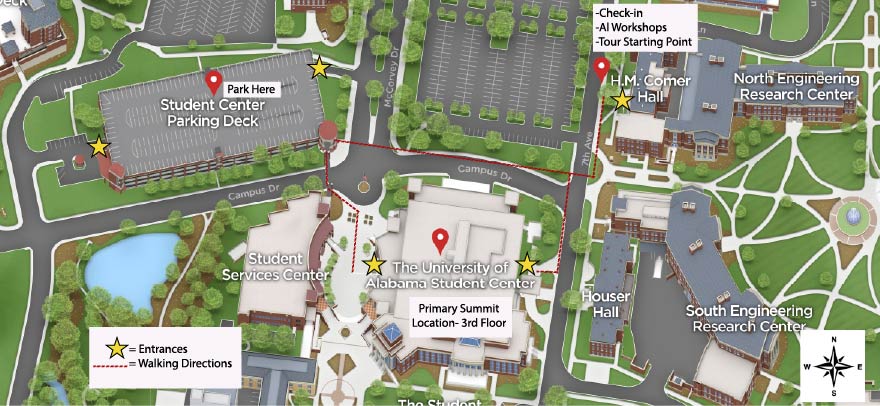 map of the student center and HM Comer parking
